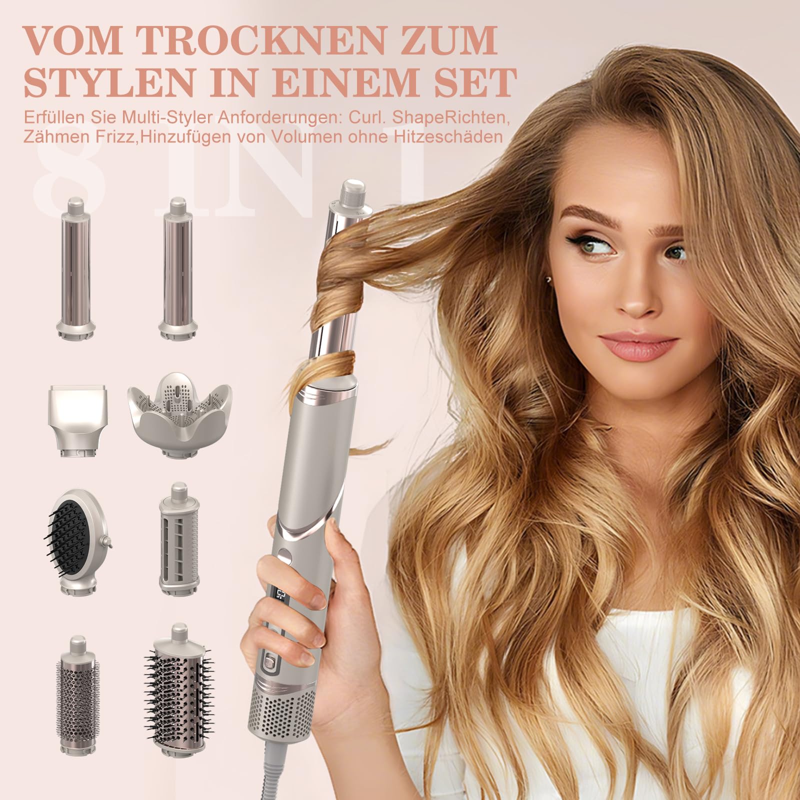 Asciugacapelli 8 in 1, multihairstyler AirStyler, 1600 W, con motore da 110.000 giri/min, con pettine ad aria, ferro arricciacapelli (sinistra e destra), diffusore, bocchetta d'aria (champagne)