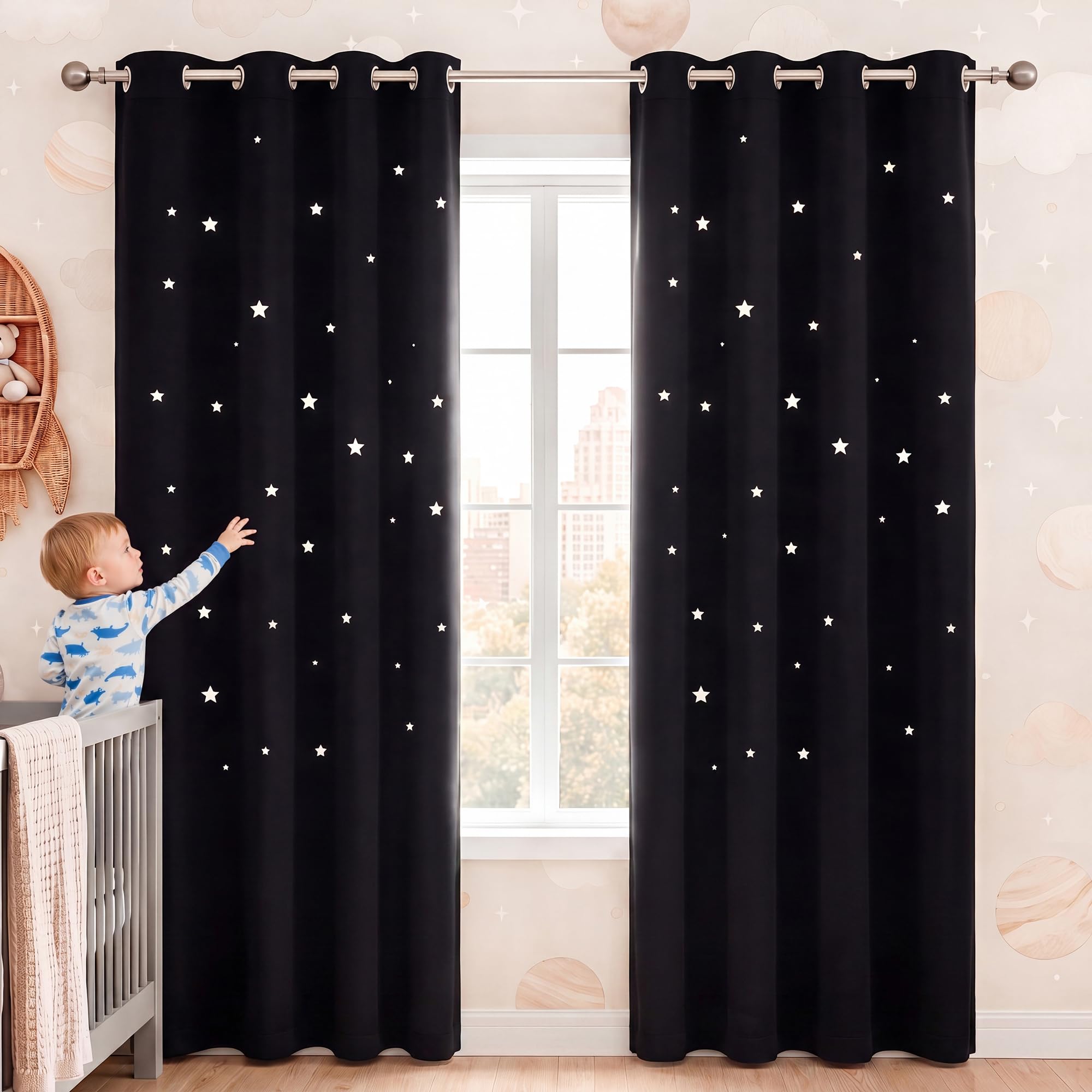 NICETOWN Black Blackout Kids Starry Night Sleep Curtains, 1 PC, W52 x L84