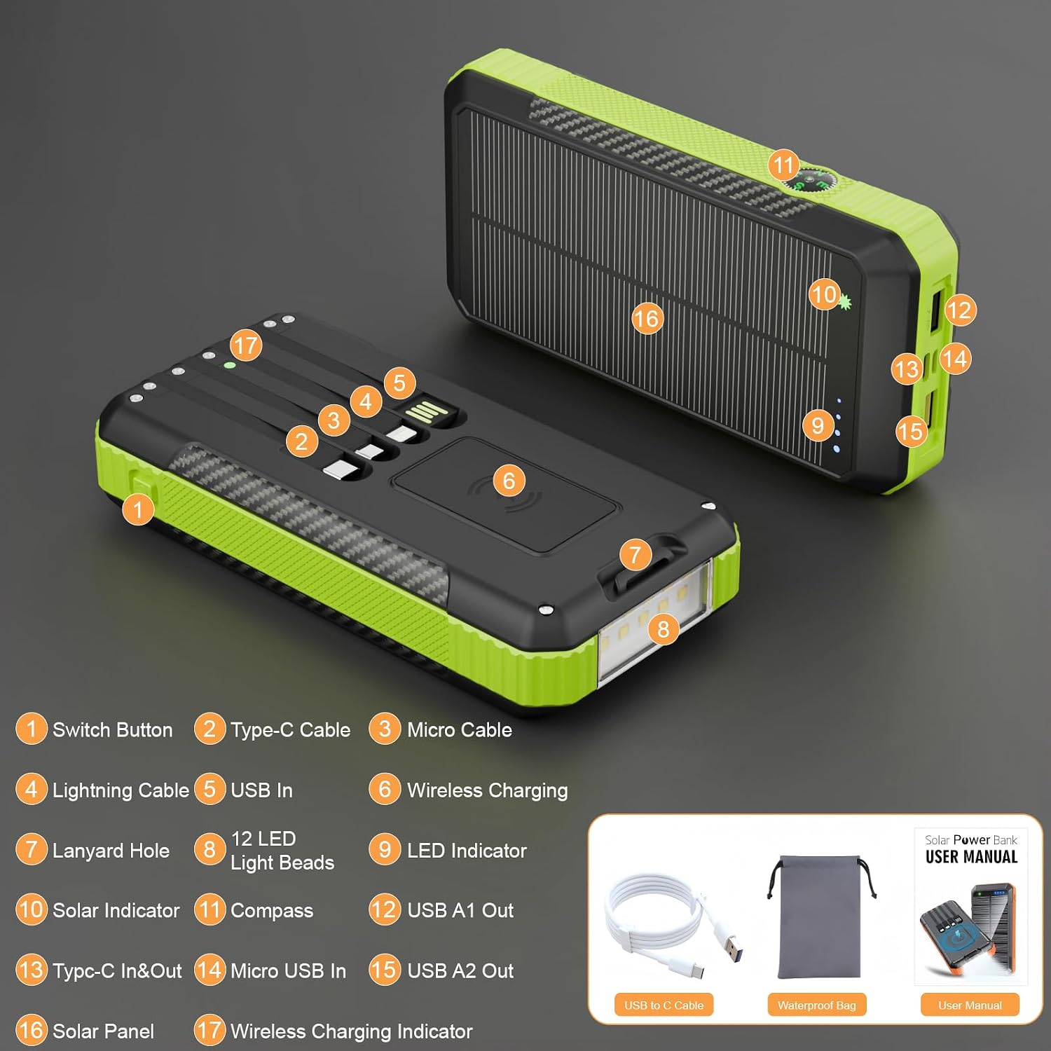 Solar Power Bank 33800mAh with Super Bright LED Flashlight, Built-in 4 Cables & Wireless Charging, Portable Charger with Compass, 7 Outputs & 4 Inputs for Camping/Hiking(Green)