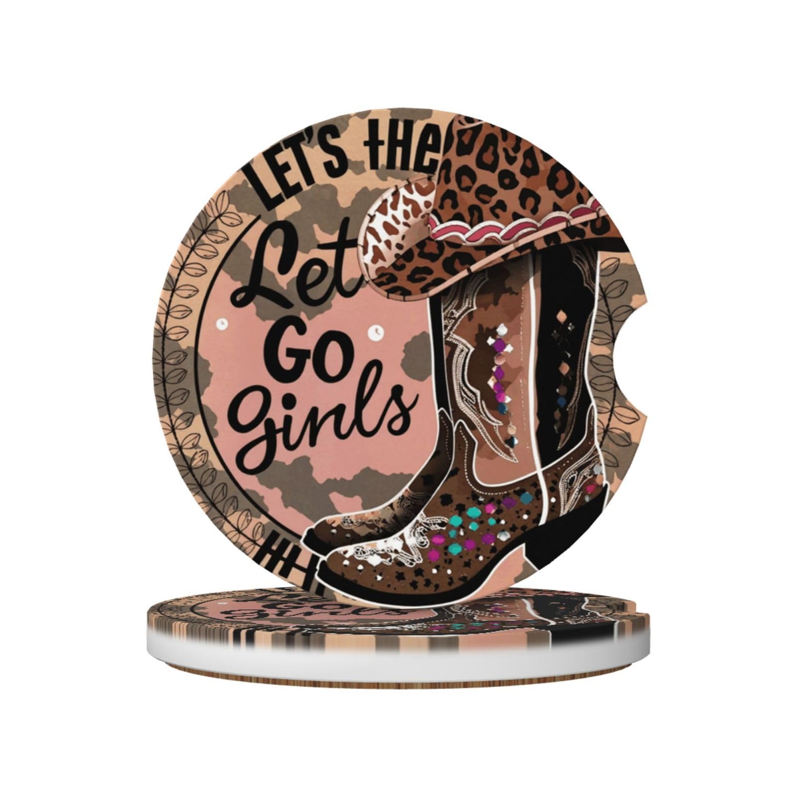 Ceramiczne podstawki samochodowe na uchwyty na kubki – chłonne, antypoślizgowe podkładki (2 sztuki), unisex dla kobiet i mężczyzn (vintage Let Go Girls)