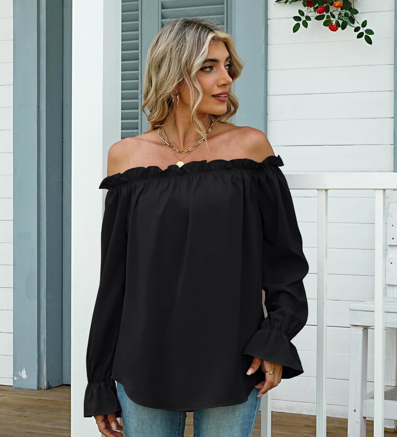 Halife Women Off Shoulder Blouses Long Sleeve Ruffle Trim Loose Casual Shirts Tops - Image 4