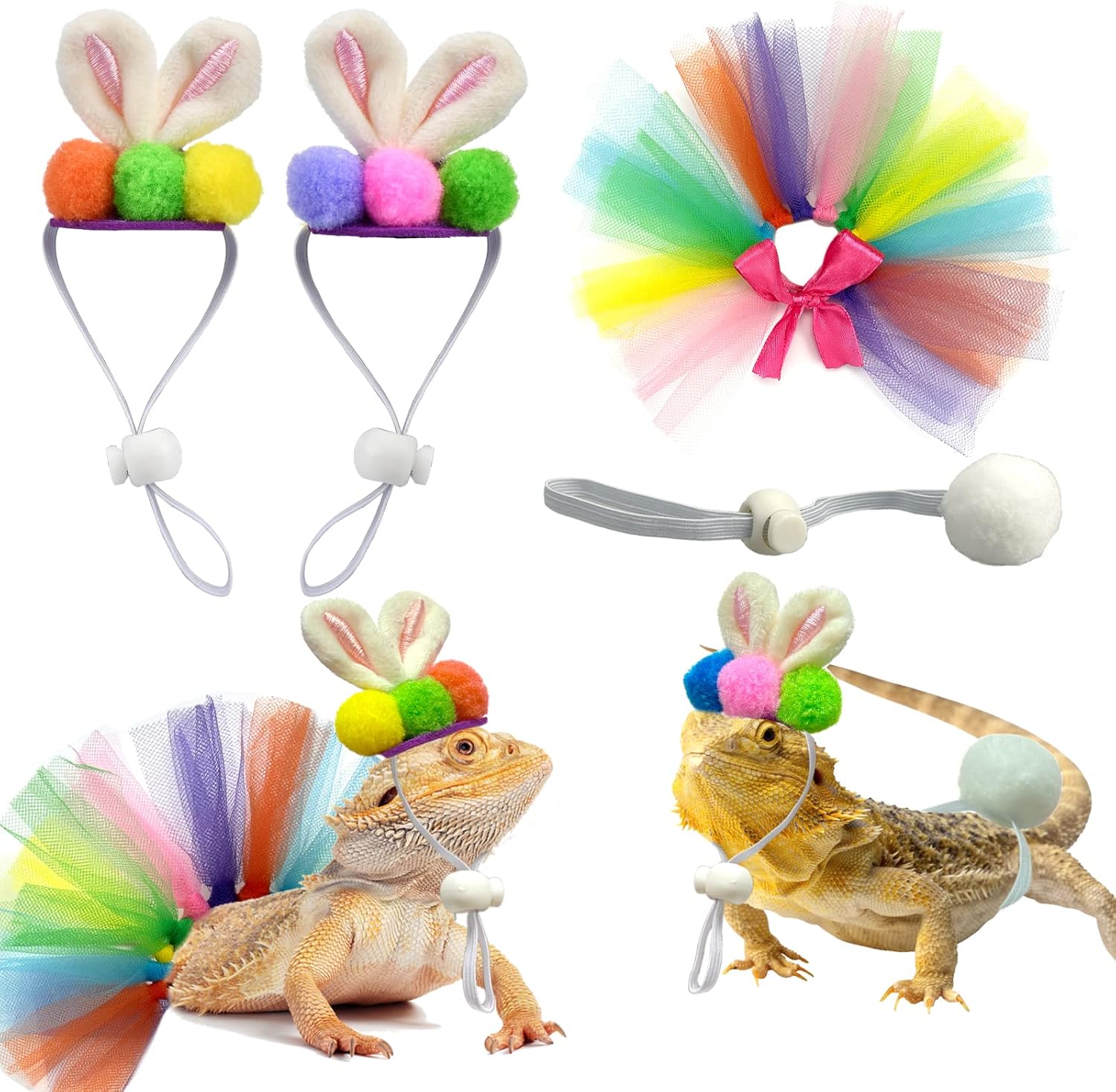 Vehomy Easter Bearded Dragon Rabbit Outfit for Lizards - Bearded Dragon Bunny Ears Headband Hat Rabbit Tail Tutu Skirt Easter Lizard Costume for Small Pets