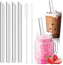 4 x Reusable Glass Straws with 2 Cleaning Brushes Bubble Tea Straw 14 x 215 mm Wide Large Glass Straw for Smoothie Cocktail Slush Juice Tea