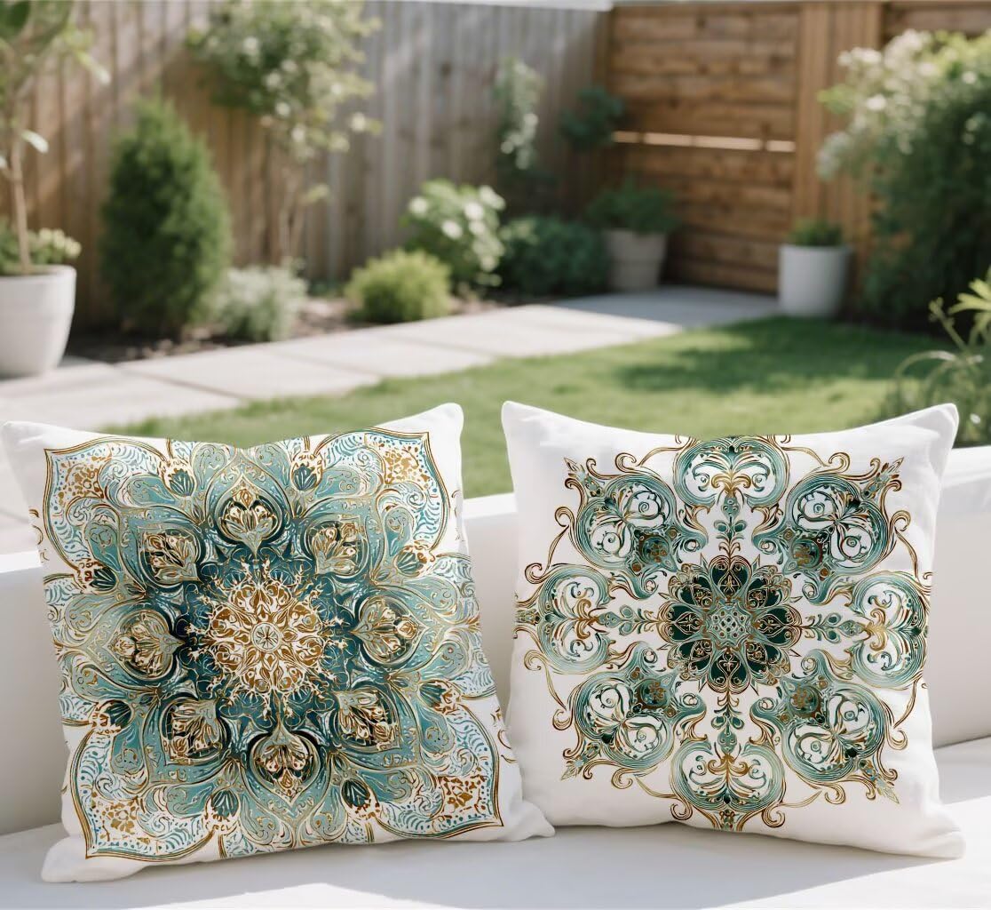 Outdoor Kissen Grün Kissenbezug 80x80cm Wasserfest Kopfkissen Leinen Sofakissen Abstrakt Dekokissen Doppelseitiges Muster Kuschelkissen für Couch Garten Balkon Terrassen Herbst Deko,2 Stück lj-519