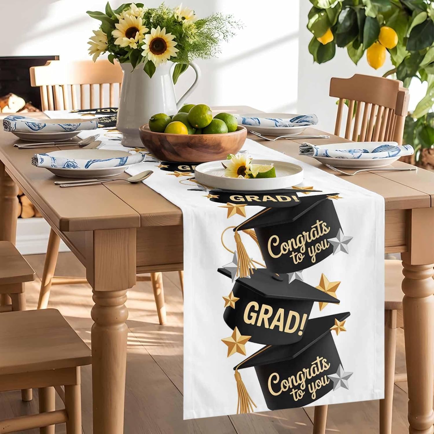 Graduation Cap Table Runner 90 Inches Long, Cotton Linen Kitchen Dinner Table Runners, Burlap Tablerunner for Dresser/Dining/Party/Wedding, Original Traditional American Star Gold