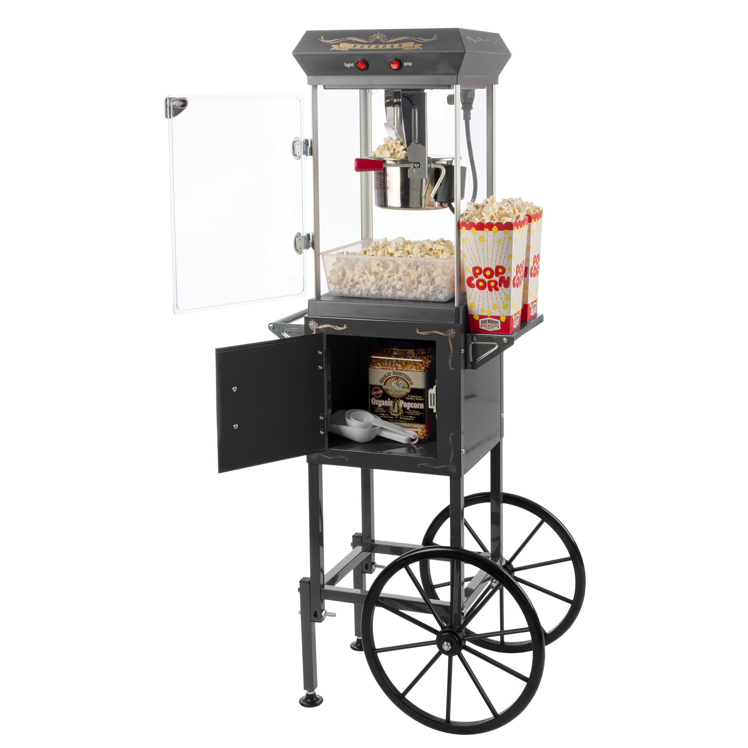 Máquina de pipoca com carrinho e chaleira de aço inoxidável de 170 g – Máquina de fazer