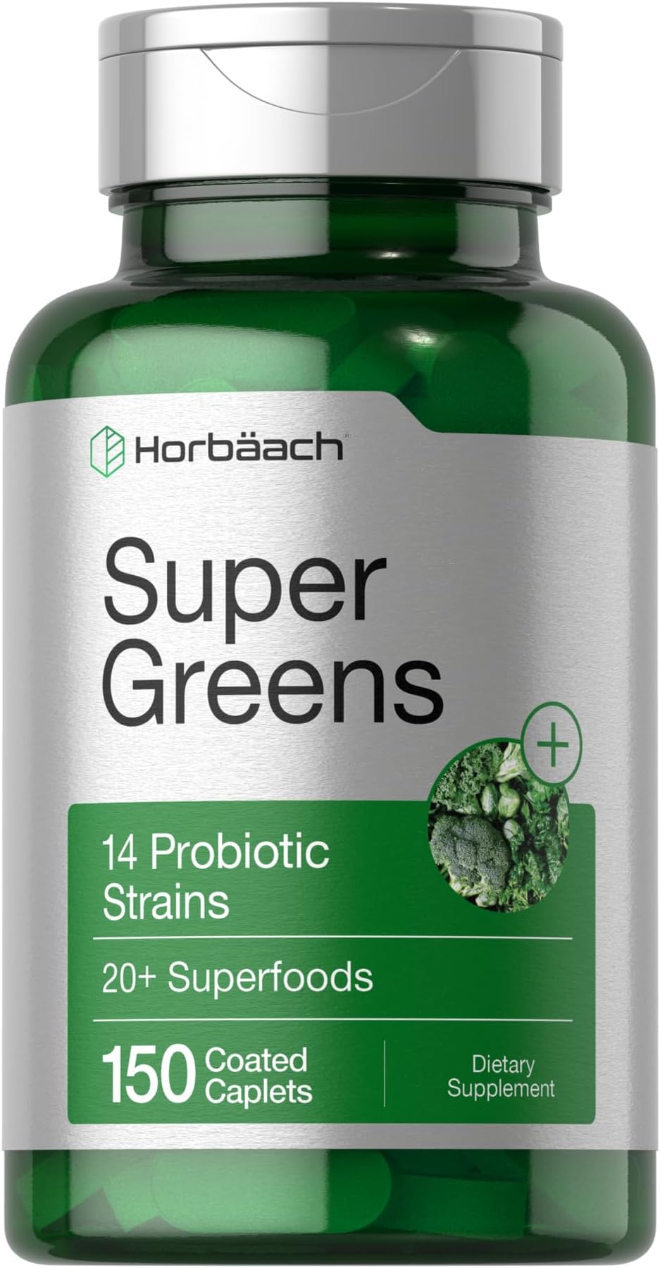 Horbäach Super Greens Supplement with Probiotics | 150 Caplets | Non-GMO, and Gluten Free