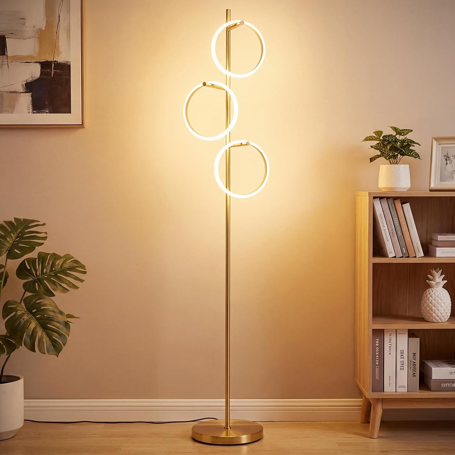 Bairth Gold Floor Lamp with 3 Lights, Modern LED Tree Floor Lamp for Living Room, 17W Stepless Dimmable Tall Standing Lamp with 3 Detachable Circular Lights for Reading, Bedroom, Office, Antique Brass