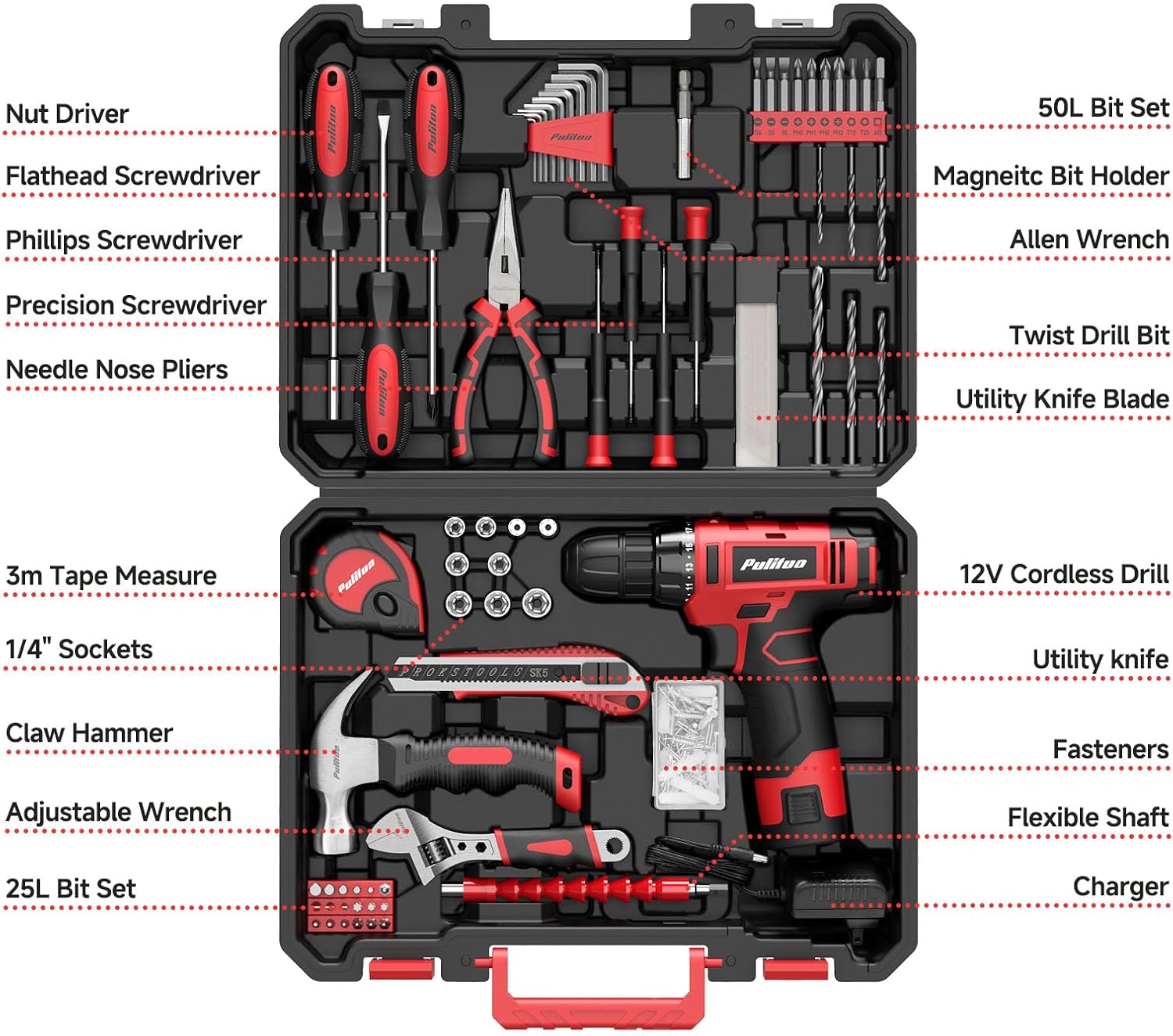 PULITUO 149-Piece Home Drill Set with 12V Red Cordless Drill, Hand Tools, Tool Box for Women, Men, DIY Enthusiasts for Home Improvement.