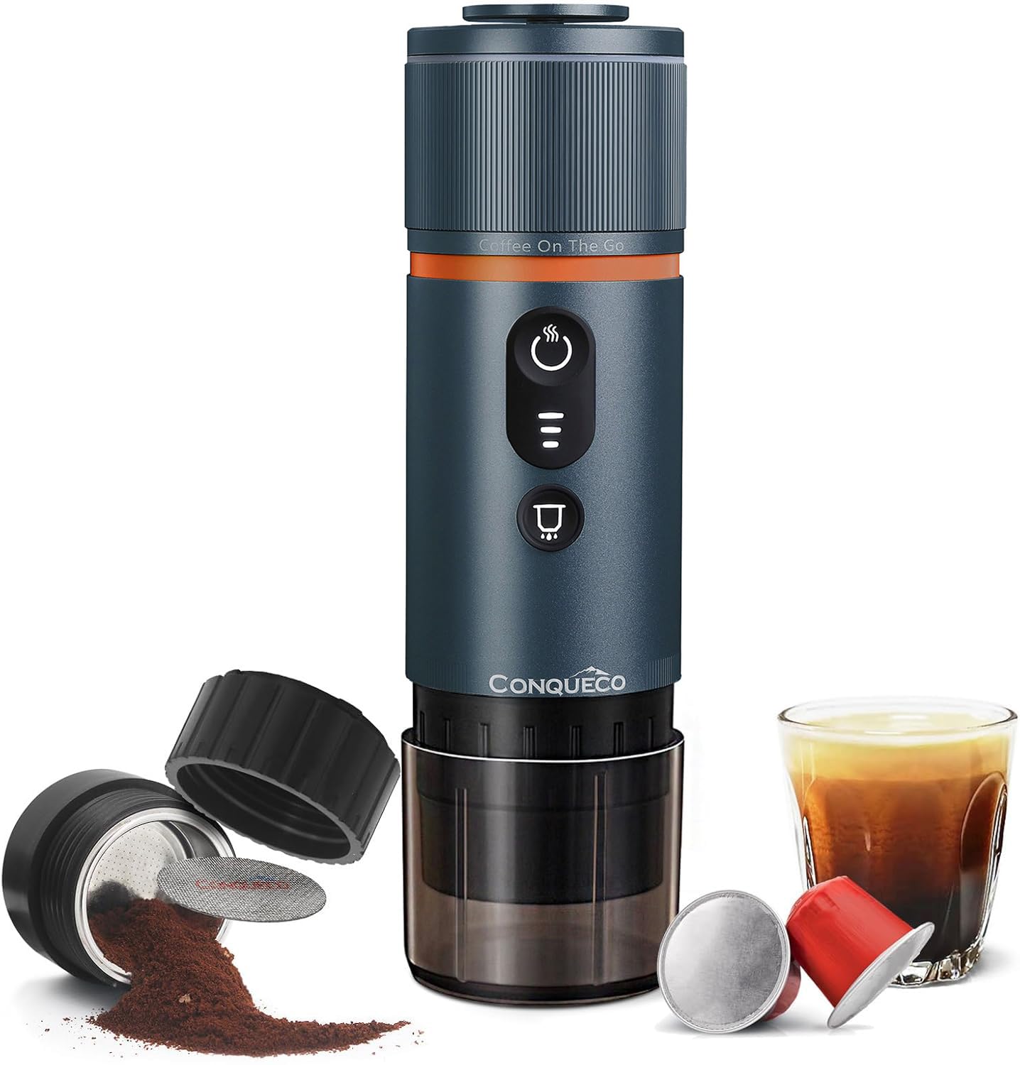 CONQUECO Kaffeemaschine Auto Espressomaschine 12v: Tragbare Akku Espresso Maker für Camping Reise - Mobile kapselmaschine Unterwegs fur Wohnmobil Lkw - 2 in 1 für gemahlenen kaffee und NS - kapseln