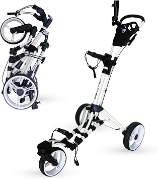 3-Wheel Golf Push Cart - 360 Swivel Wheel | 1-Second Fold Design, Locking-Track Steering For Tight Turns, Aircraft-Grade Aluminum Frame, Foot Brake