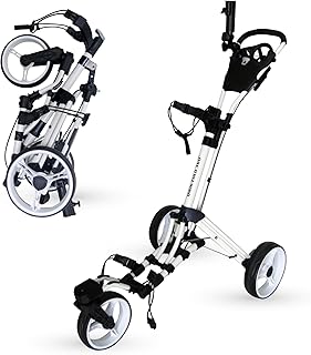 3-Wheel Golf Push Cart with 360° Swivel Front Wheel & Foot Brake – 1-Second Fold & Unfold Trolley, Lightweight Aluminum Frame, Umbrella Holder, Cup Holder & Storage Included