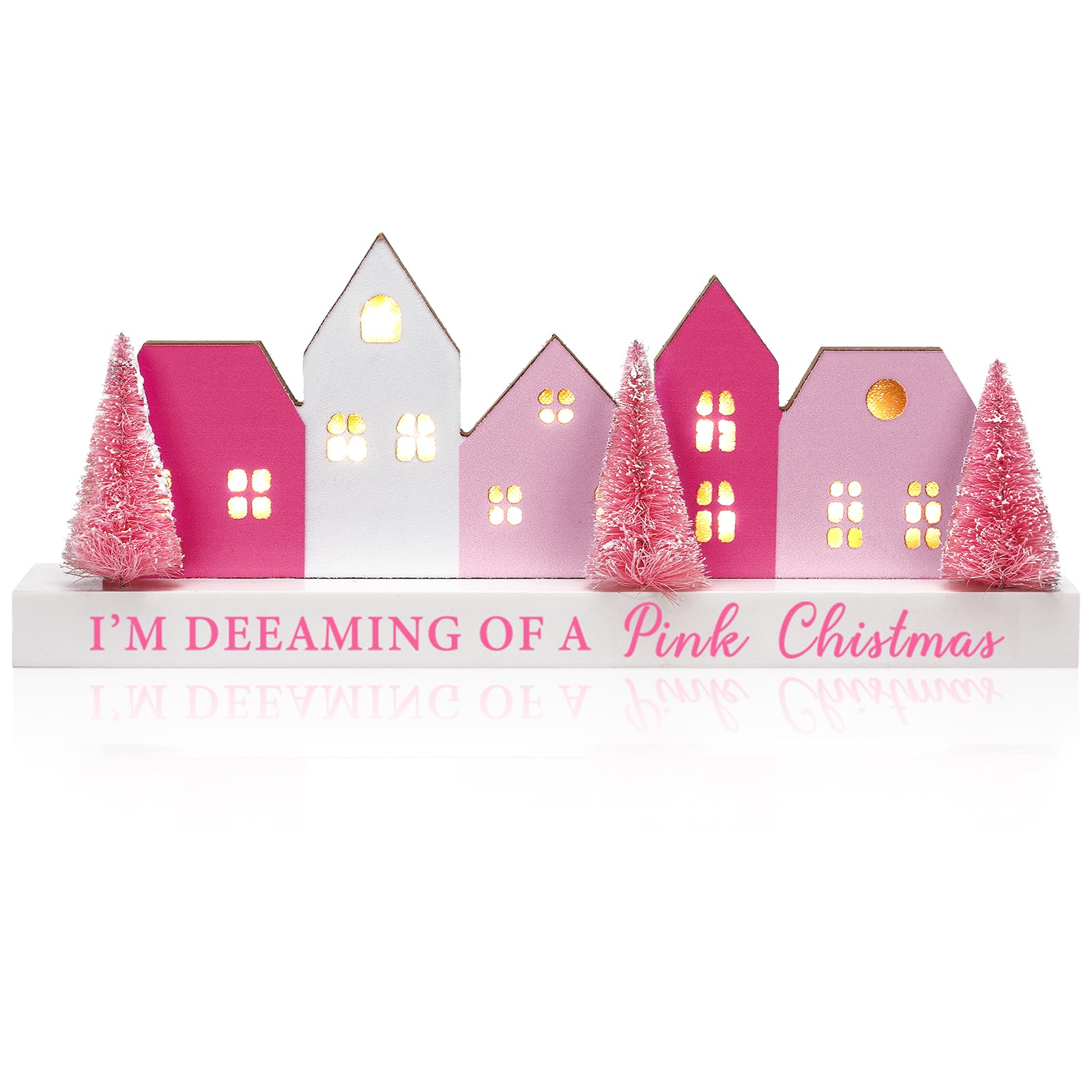 Amyhill Décorations de table de Noël en bois éclairées à DEL avec inscription « Merry Christmas » avec mots rustiques et rustiques - Bloc de table de fête de Noël - Décoration d'intérieur (rose)
