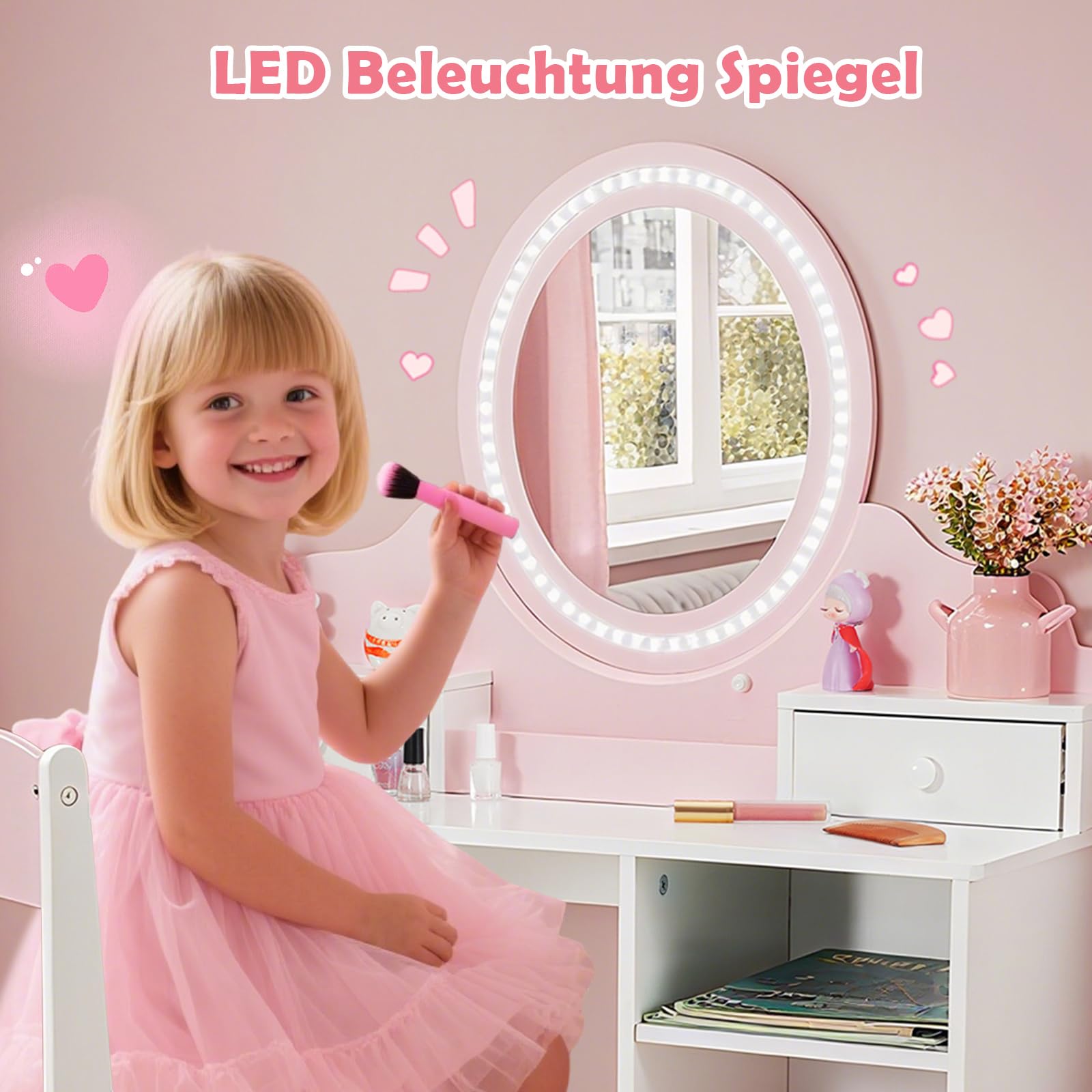 JOYLDIAS 2 in 1 Schminktisch Kinder mit Hocker und LED-Spiegel, Prinzessin Frisiertisch Schreibtisch mit Schublade, Regal und Körbchen, Kinder Schminktisch für mädchen ab 3 Jahre, Rosa
