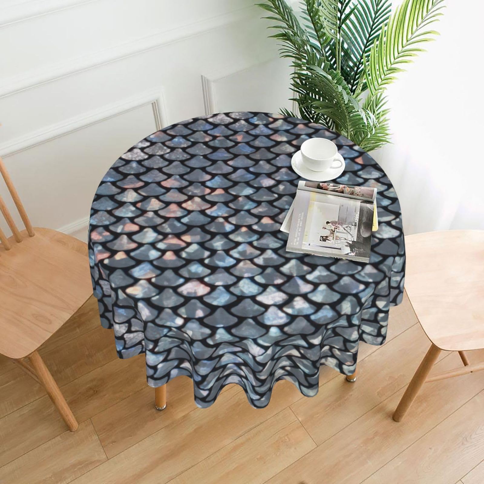 DEXNEL Silver fish scale Print 60'' Round Tablecloth Retro Polyester Washable Cover for 4-6 Seat Dining Table Boho Decor