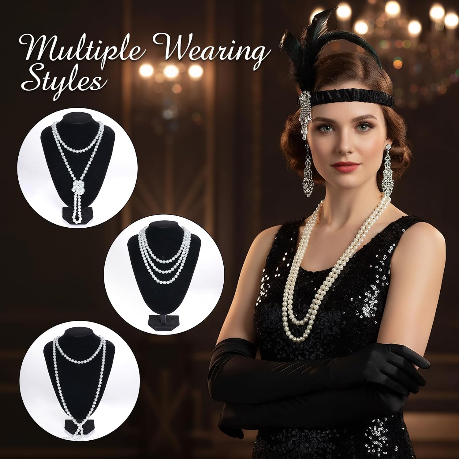 1920s Flapper Accessories Set of 4, Roaring 20s Feather Flapper Headpiece Pearl Necklace Earrings and Gloves for Party Cosplay Costume - Image 3