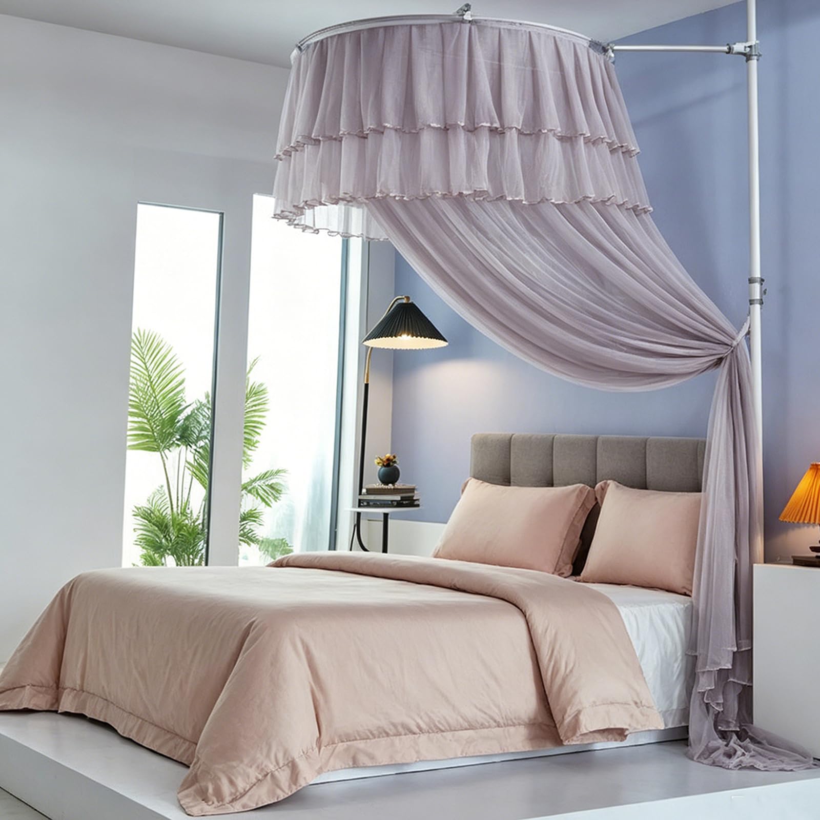 MESCXTY Luxurious Bed Canopy for Girls & Adult, Princess Curtains Sheer Mesh, Round Dome Mosquito Netting Bedroom Decor, Gray1