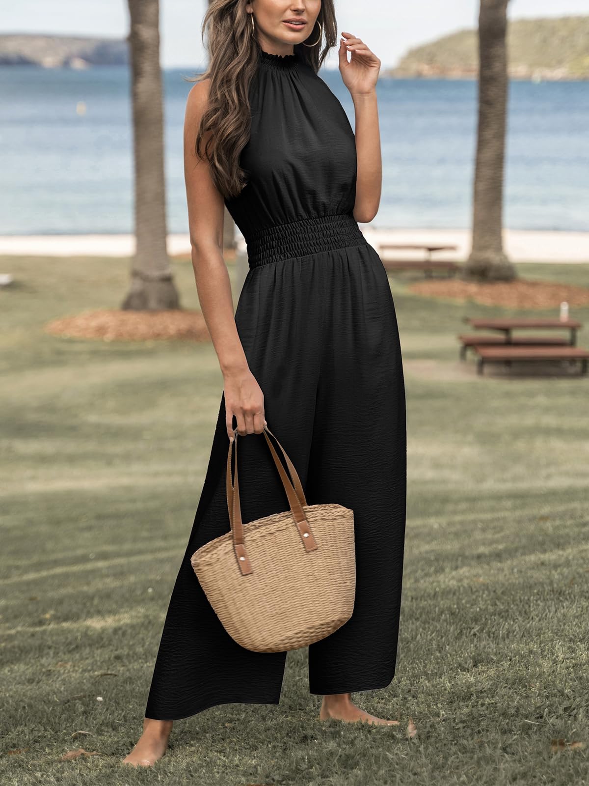CUPSHE Damen Jumpsuit Blumen Stehkragen Overall Ärmellos Weites Bein Lang Playsuit Sommer Lose Hosenanzug mit Taschen