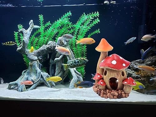 Miniatura 5 de Bonita decoración de casa de hongos para acuario, adorno de pecera, cuevas de Pleco para escondite de peces pequeños y decoraciones de jardín de
