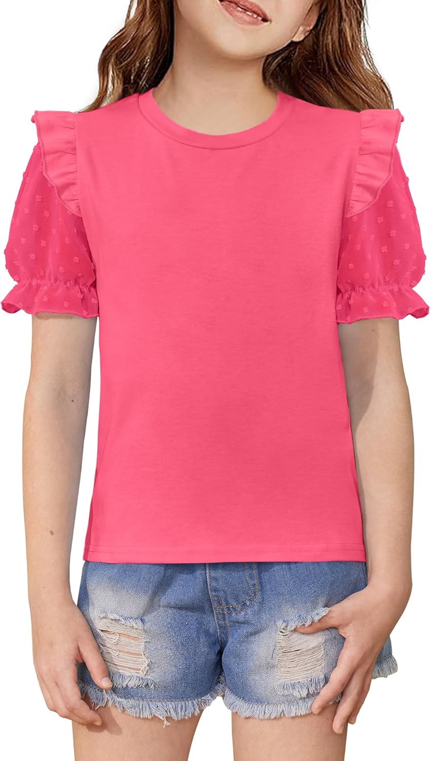 BesserBay Girls Summer Ruffle Trim Swiss Dot Top Mesh Short Puff Sleeve Crewneck Shirt 6-14 Years