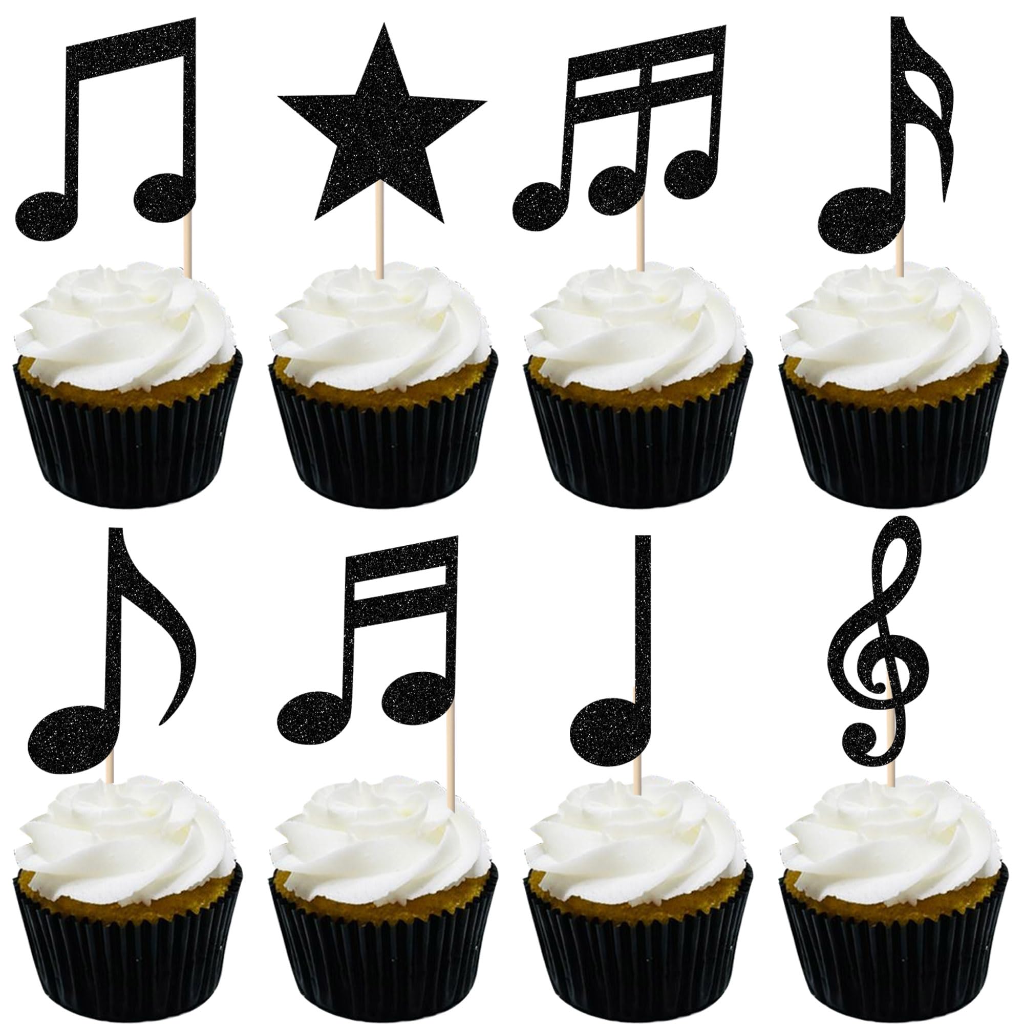 Pack of 24 Music Notes Birthday Cake Decoration Black Music Notes Party Decoration Rock Music Symbol Cupcake Topper for New Year's Eve Wedding Music Cake Decoration for Birthday Party Accessories