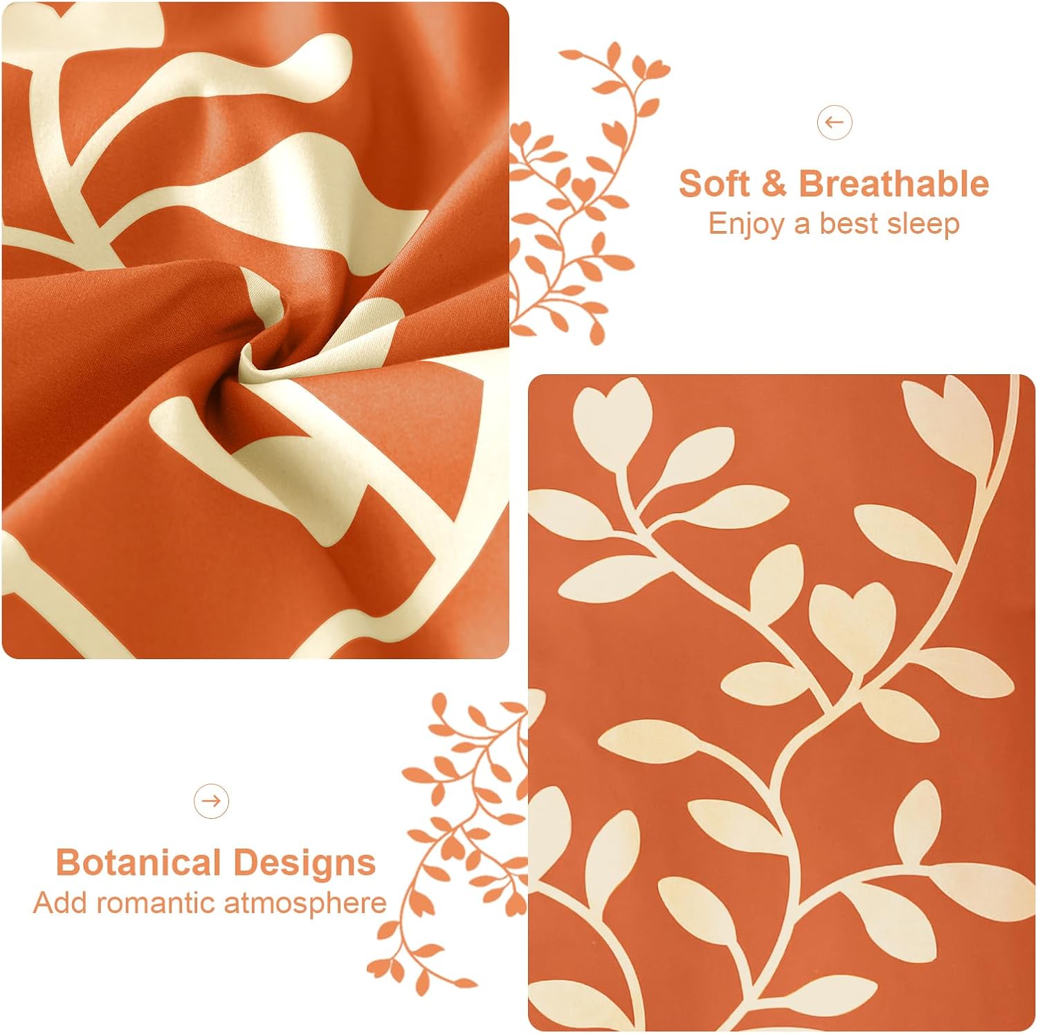 Queen Size Comforter Set - 7 Pieces Floral Botanical Printed on Orange Queen Comforter Set with Sheets, Fall Soft Lightweight Microfiber Bedding Set for All Season(90"X90") - Image 4