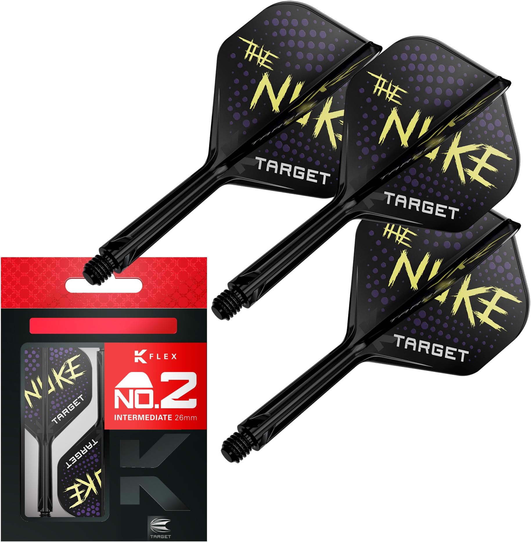Target Darts Luke Littler K Flex Flights & Shaft System No.6 & No.2 –|The Nuke Edition, Pack of 3 K-Flex All-in-One Integrated Flights and Shafts, Short 19mm, Intermediate 26mm, Medium 33mm