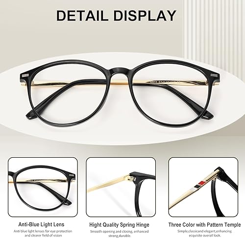 Miniatura 3 de TR90 - Lentes de lectura para mujeres y hombres, con bloqueo de luz azul, anti filtro de rayos UV, anteojos nerd (negro, 0.00x)