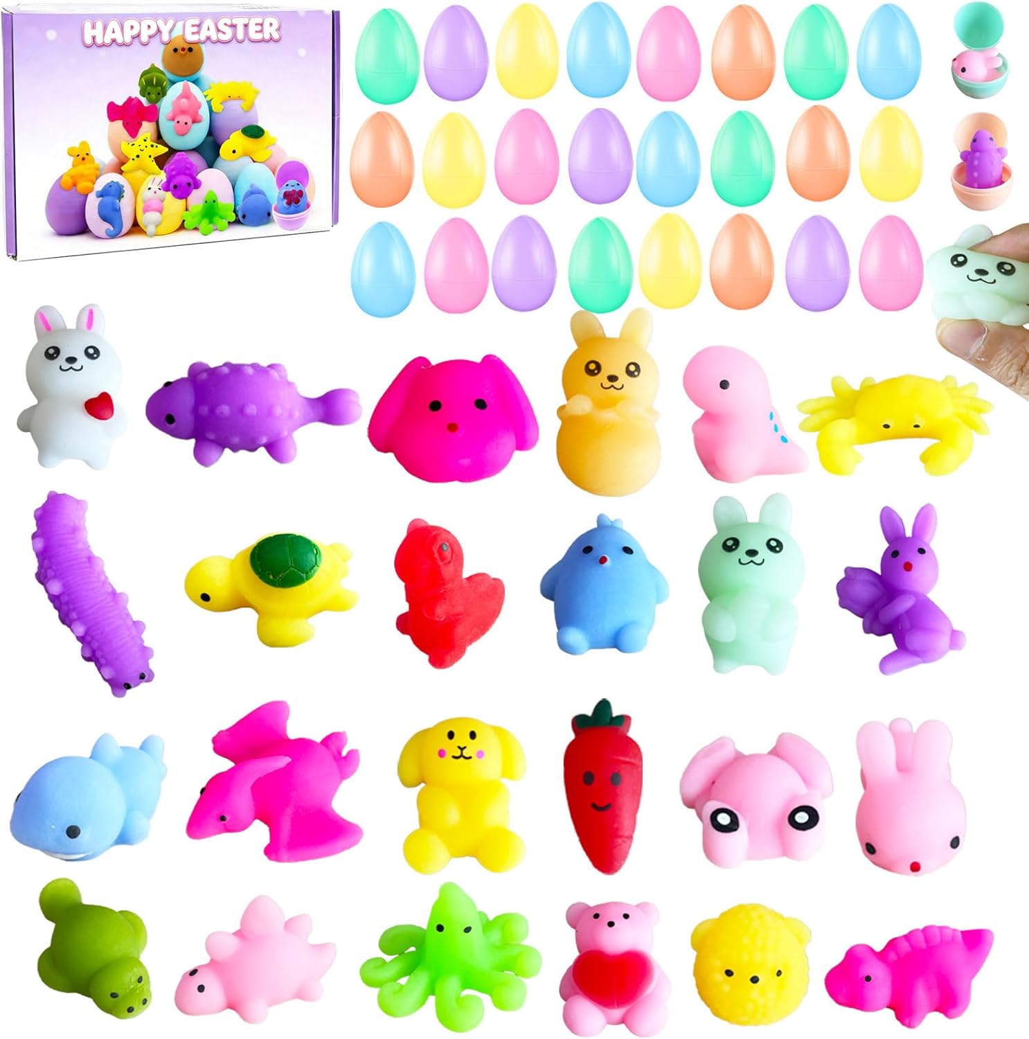 24 Pack Squishy Toys,Easter Basket Stuffers,Easter Egg with Squishy Fidget Toys,Easter Egg with Squishies Animal Toys Kids Classroom Gift Exchange Party Favors
