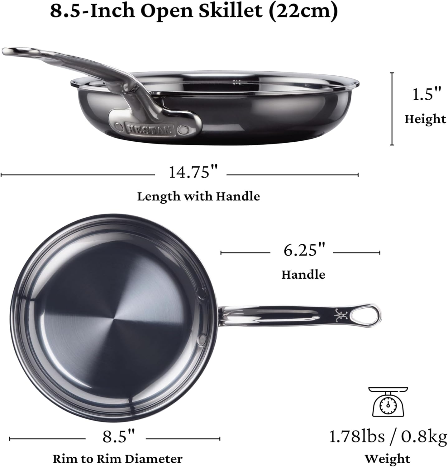 Hestan - NanoBond Collection - Titanium Stainless Steel 8.5-Inch Frying Pan - Toxin, PFAS, & Chemical Free Clean Cookware, Induction Cooktop Compatible
