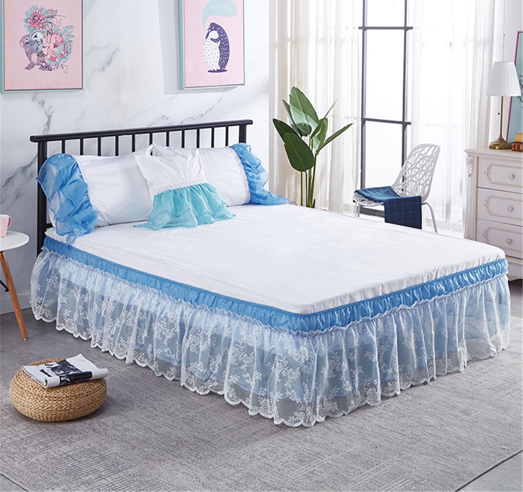 Surwin Pleated Bed Valance Sheet Single Double King Size Lace Embroidery Bed Base Wrap Extra Deep Frilled Fitted Valance Sheet Easy Care Bed Skirt Soft Breathable (Blue,100x200x40cm)