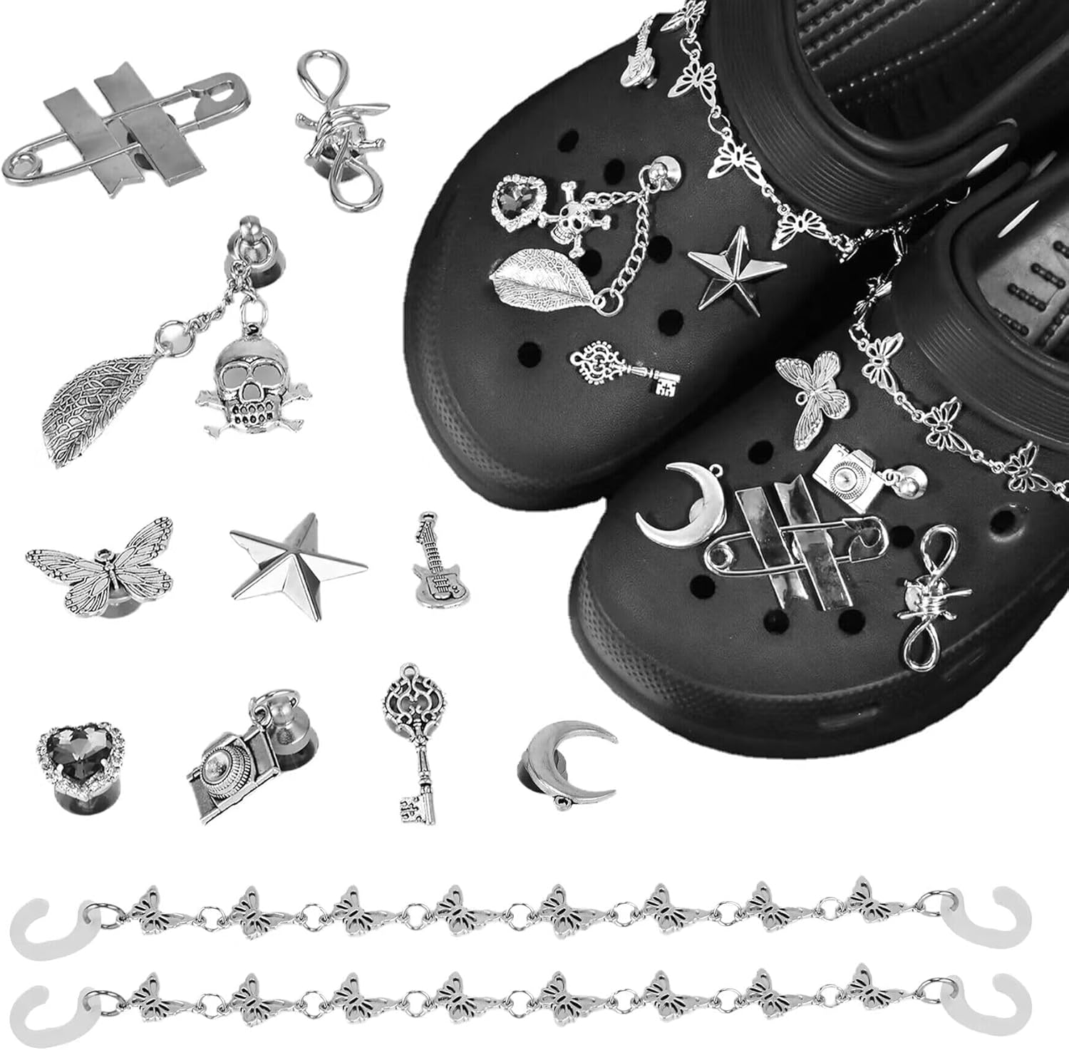 11 PCS Goth Shoe Charms for Women Men – Metal Goth Emo Accessories Punk, Y2k charms, Y2k Shoes Jewelry, Silver Gothic Charms, DIY Rivets Shoes Charm, Butterfly Sandals Clog Chains for Shoe Decorations
