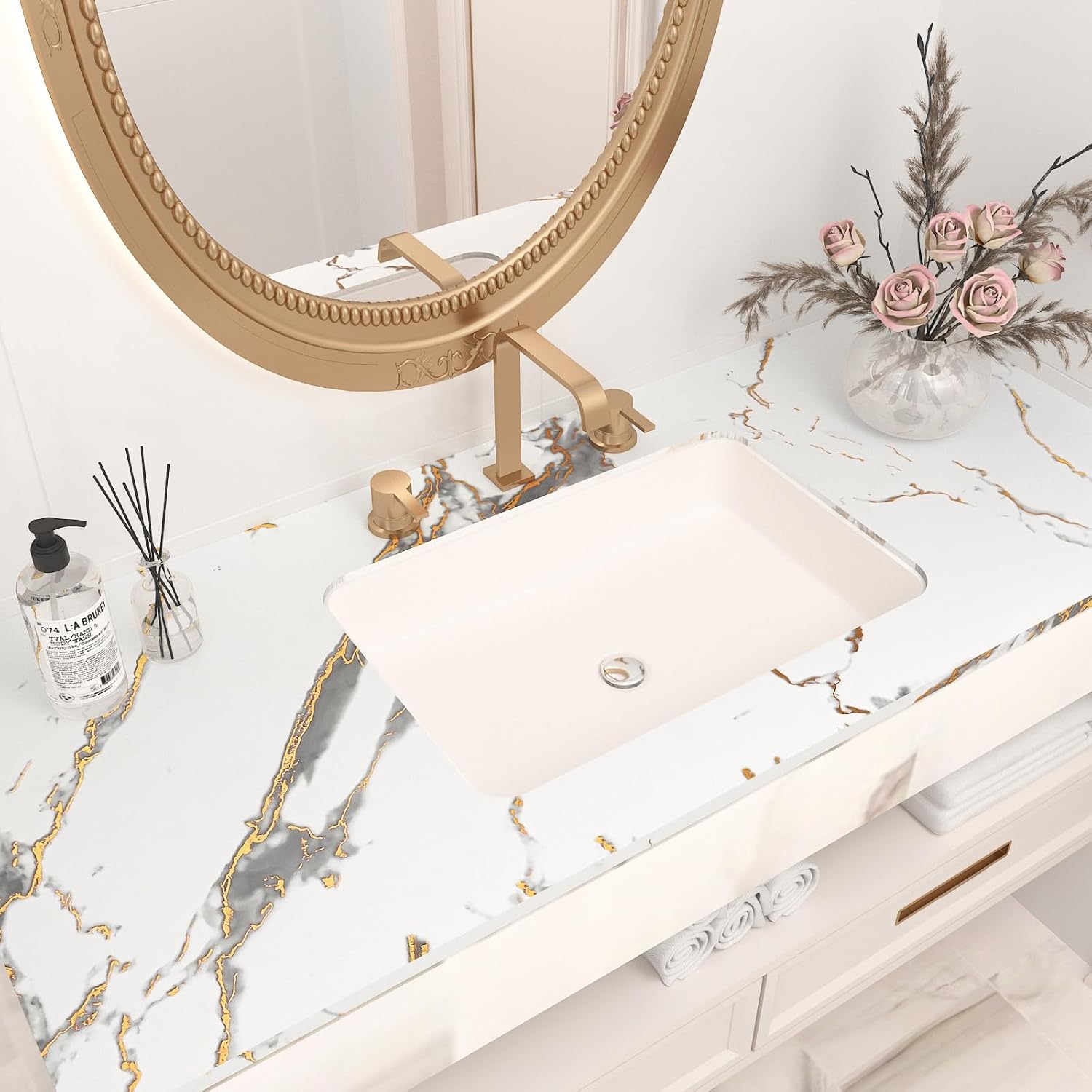 15.7"x472" White Gold Marble Contact Paper Peel and Stick Matte Marble Wallpaper for Kitchen Countertop Contact Paper Waterproof Removable Thick White Vinyl Wallpaper for Bathroom Wall Table