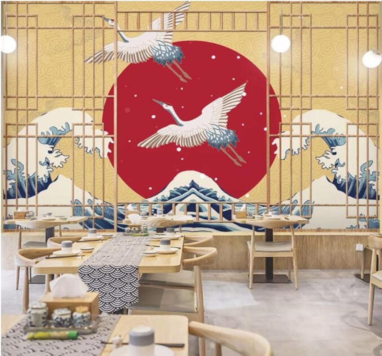 XLMING Abstract Faux Wood Door Ocean Waves Birds in Flight Sunrise 3D Wallpaper Luxury Silk Study Dining Feature Sofa Grey Bedroom Living Room Tv Decorative Wall-150cm×105cm
