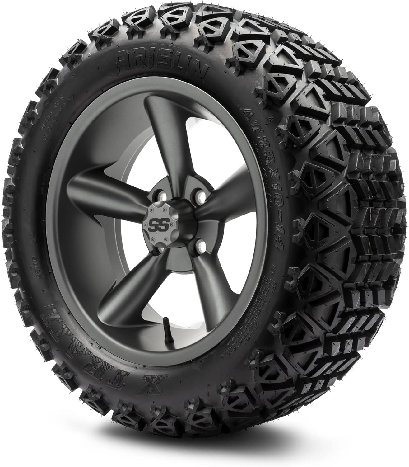 MODZ® Godfather Gunmetal 14" Golf Cart Wheels and Arisun X-Trail (23x10-14) DOT All-Terrain Golf Cart Tires Combo - Set of 4