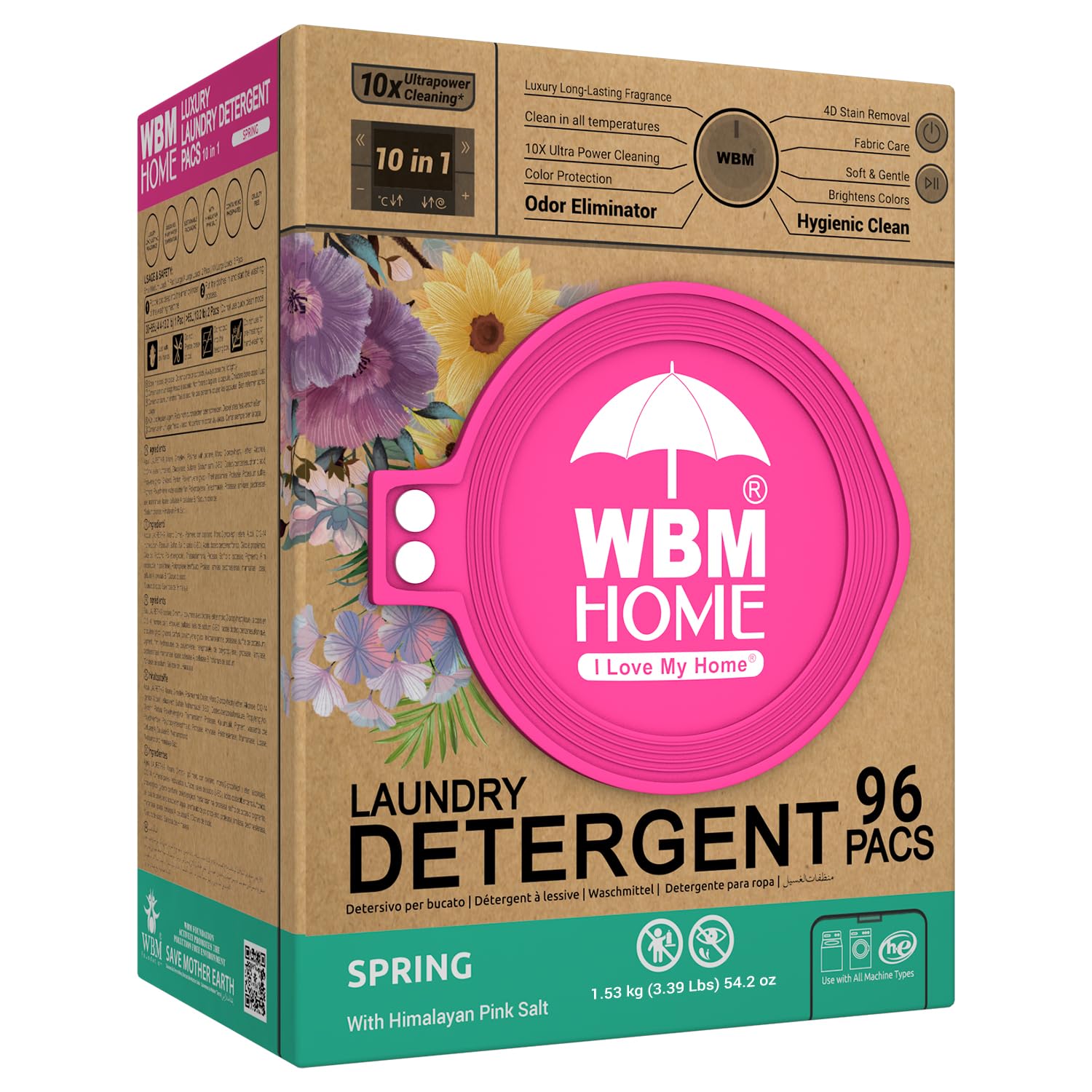 WBM Home Laundry Detergent Pods, Spring Fragrance Scent, 96 Count - HE Concentrated Laundry Pods With 10x Ultrapower Cleaning and 4D Laundry Stain Remover