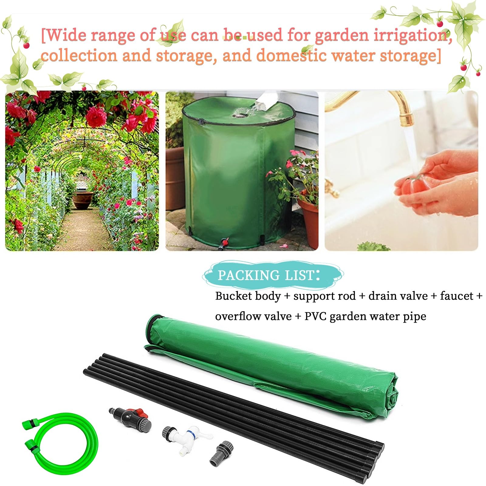 Colector de agua de lluvia portátil con grifo y soporte, diseño plegable para un fácil almacenamiento, ideal para ahorrar agua en el jardín al aire libre