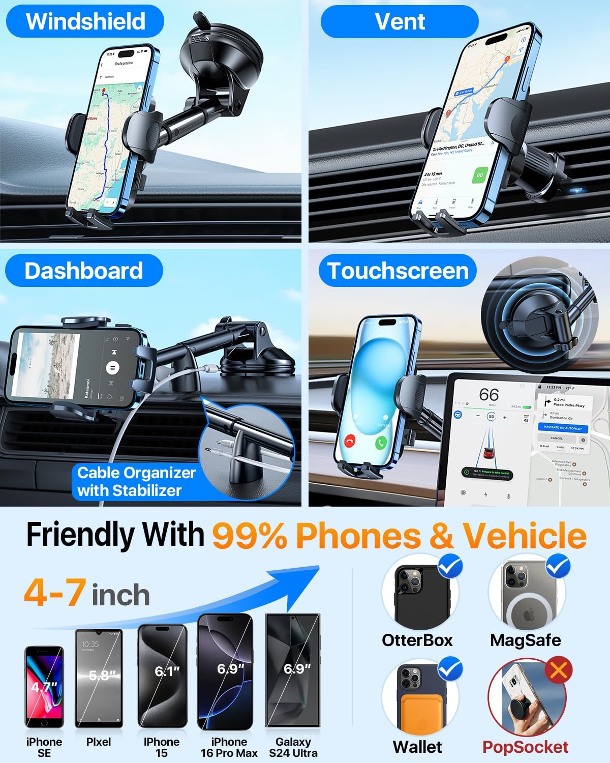 YRU True Military Grade Car Phone Holder Upgraded Strongest Rotatable Suction Cup Cell Phone Mount for Dashboard Windshield, Truck Cradle Dash Stand for iPhone 17 16 Pro Max 15 14 13 Android, Black