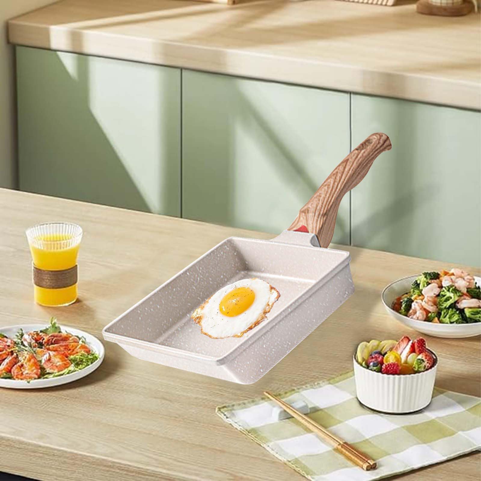 Yuragim Padella per Omelette Giapponese,Padella Tamagoyaki con Spatola in Silicone Padella Rettangolare con Rivestimento Antiaderente in Ceramica e Manico Rimovibile per Tutti i Tipi di Fornelli Beige