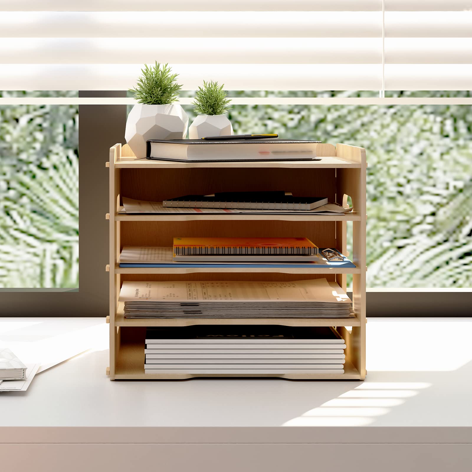PUNCIA A4 Dokumentenablage 5 Ablagefächer aus Holz Briefablage Papierablage | Schreibtisch Datai Organizer Ablagesystem Aktenaufbewahrung Dokumentenhalter für Büro Arbeitszimmer Schule Office