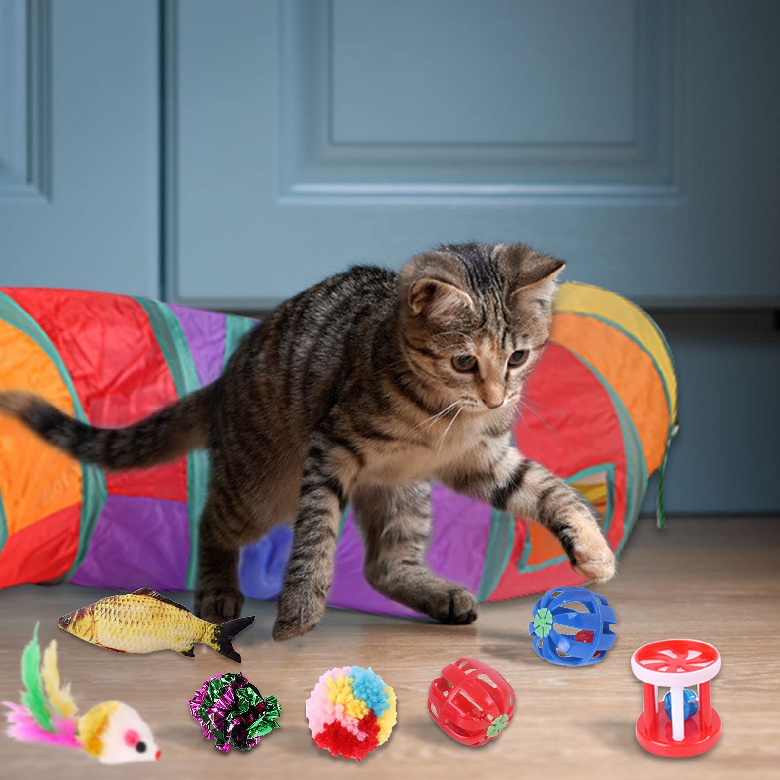 Jouets Chat,30 Pièces Kit Jouet Chats,Jouets pour Chats Interactif Jeux Chaton avec Tunnel,Poisson,Souris,Plume,Balle Jeux Chaton