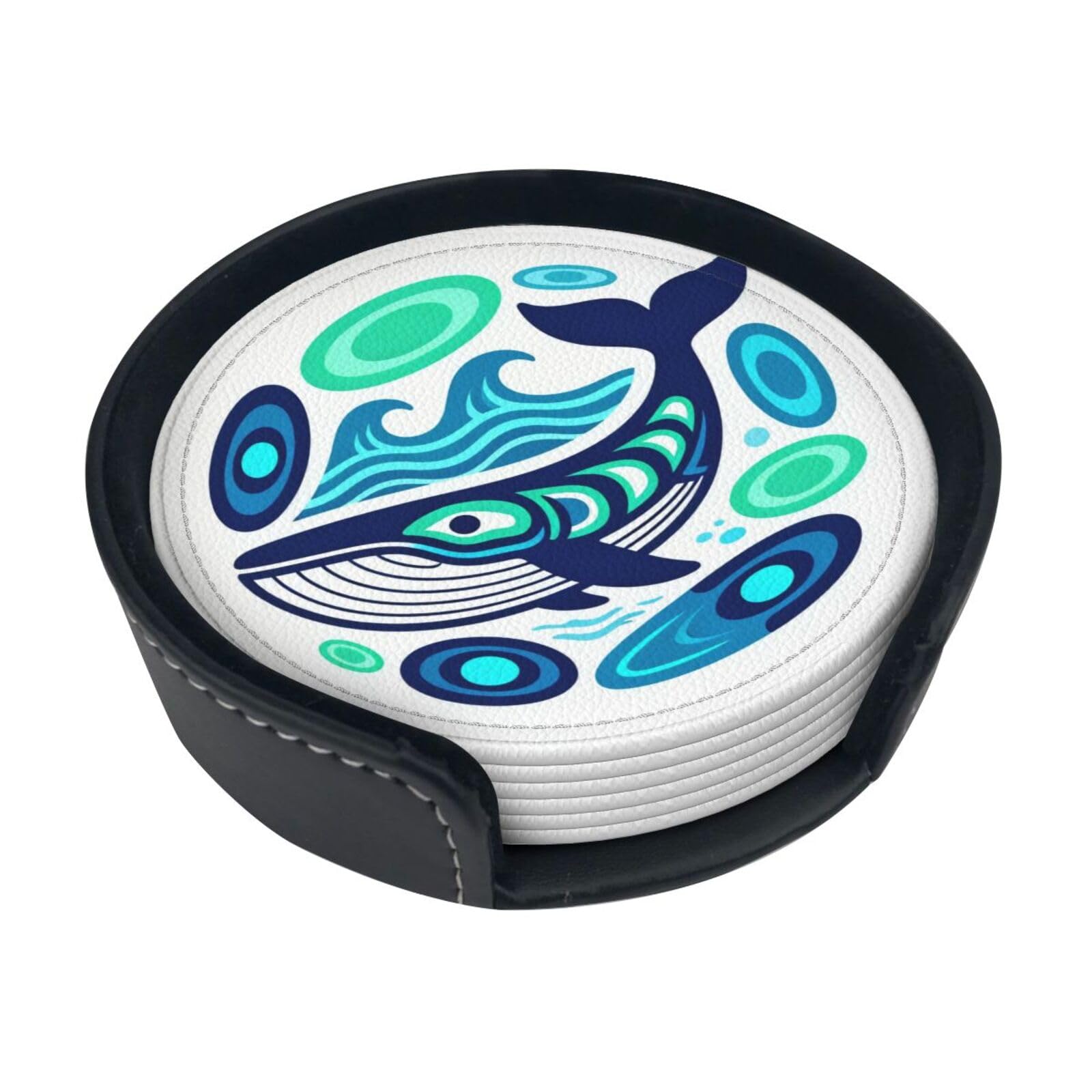 Cntdbu White Whale Leather Coasters Set Of 6-Pu Leather Drink Mats For Table, Heat Resistant Round Coasters With Holder