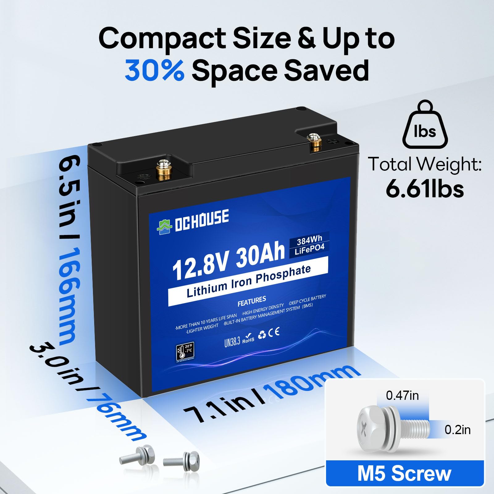 DCHOUSE 12V 30Ah Mini Batterie au lithiumavec Chargeur pour Batterie LiFePo4 12V 5A, Max 15000 Cycles et Protection BMS 30A, idéale pour Les sondeurs de pêche, Les Moteurs de traîne, etc