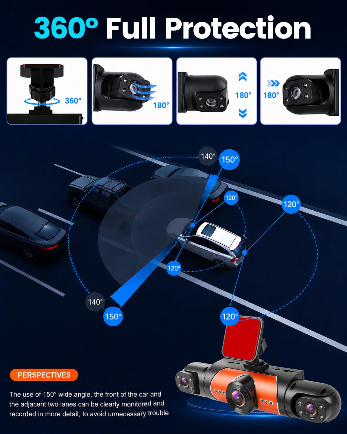 NHOPEEW Dashcam de 4 Canales con Cámara Delantera y Trasera para Coche | Cámara Delantera 1080P, Cámaras Izquierda, Grabación de 360°, Grabación en Bucle, Monitor de Aparcamiento 24H