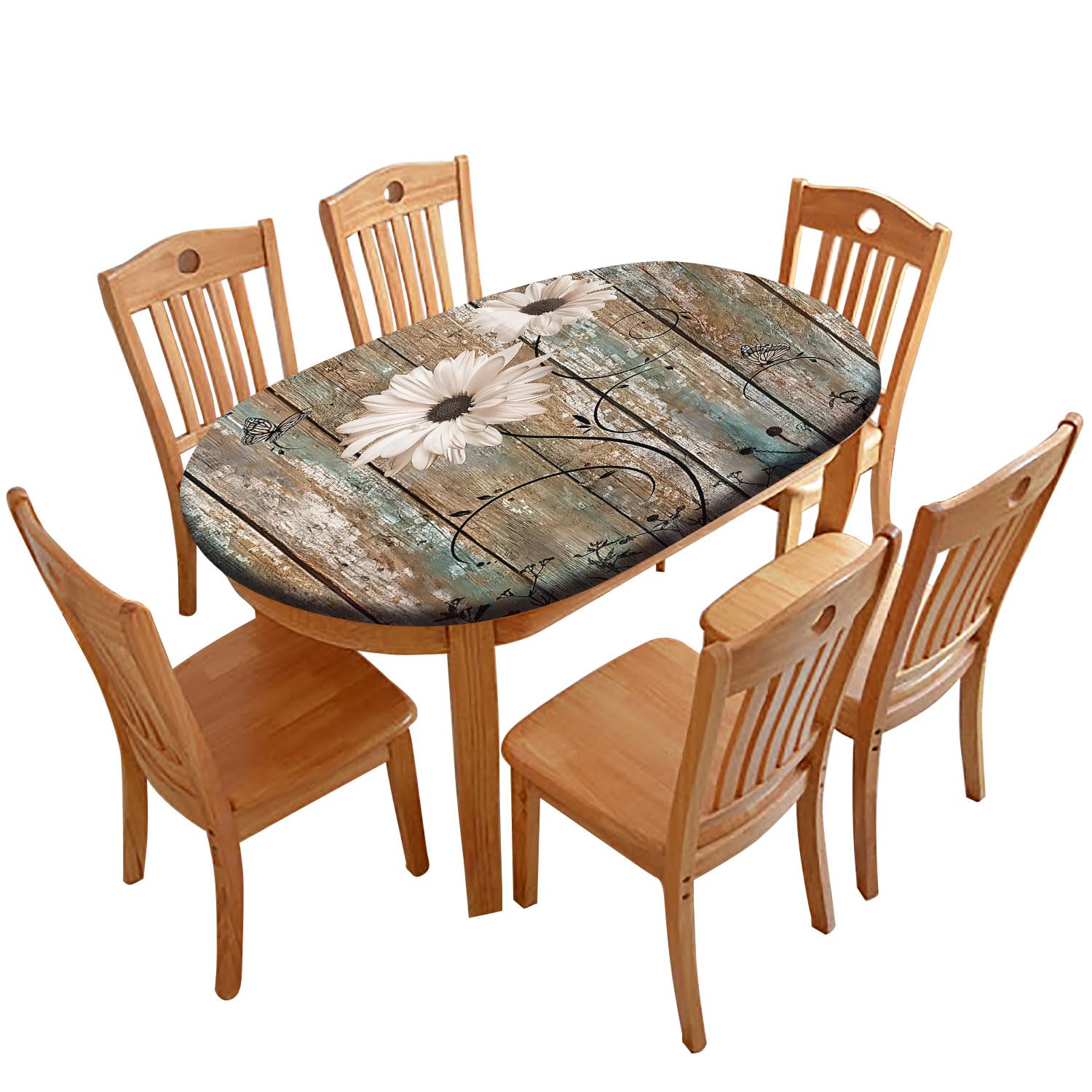 Daisy Flower Oval Fitted Tablecloth, Old Rustic Wooden Elastic Edge Fitted Oblong Summer Table Cloths Reusable Table Cover for Indoor Dining Table