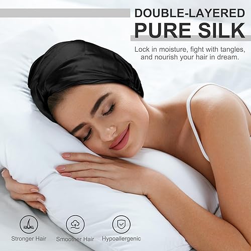 Miniatura 2 de Gorro de seda para dormir, 22 Momme grado 6A, 100% seda de morera pura para el cuidado del cabello, mantiene los peinados durante la noche, diseño