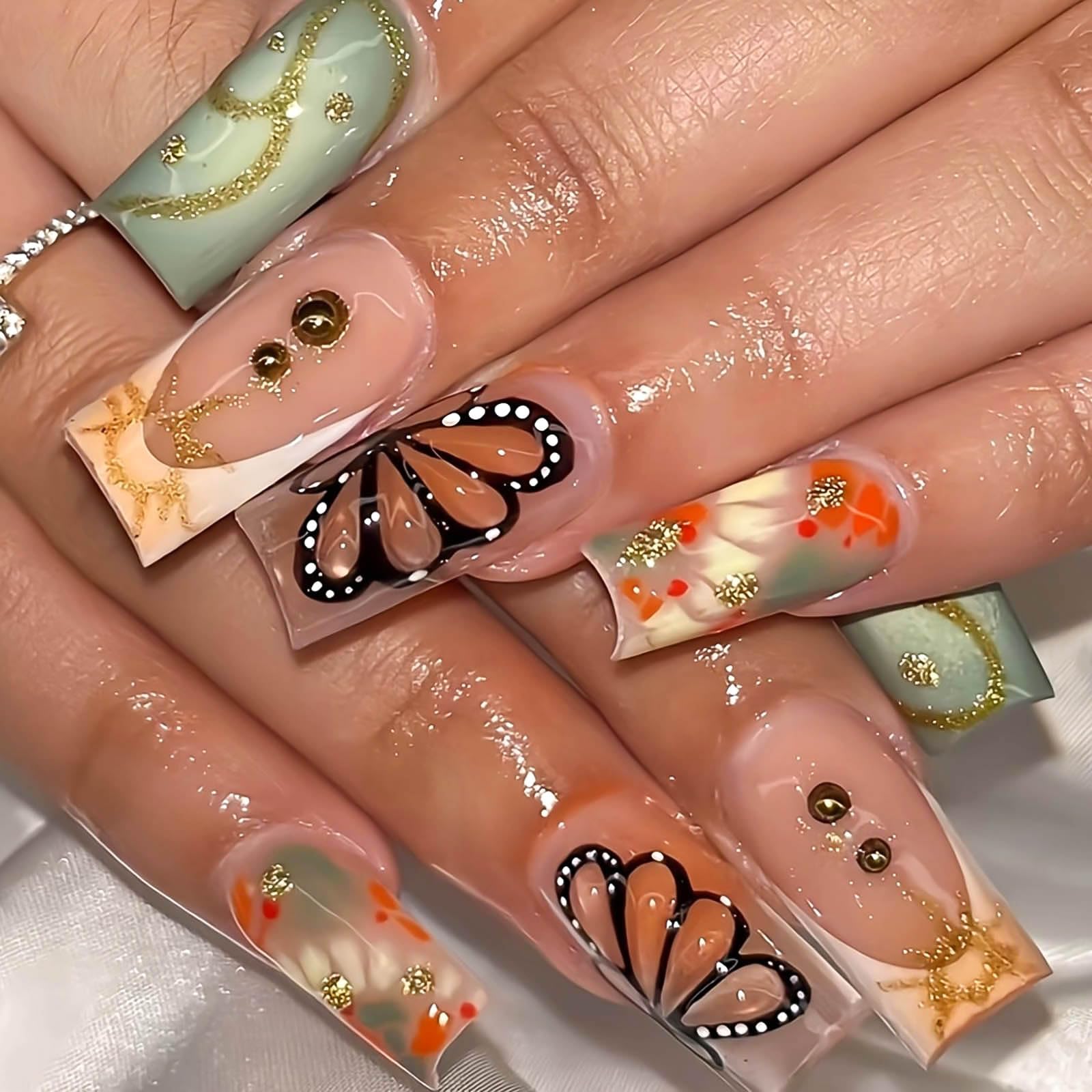 RUOKEXIN Long Square Press on Nails French Tip Fake Nails Gold Glitter False Nails with 3D Butterfly Designs Long Glue on Nails Sparkly Artificial