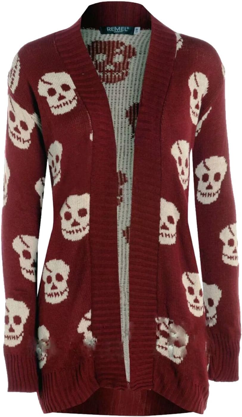 Thever Women Ladies Halloween Skull Skeleton Print Open Front Knitted Cardigan