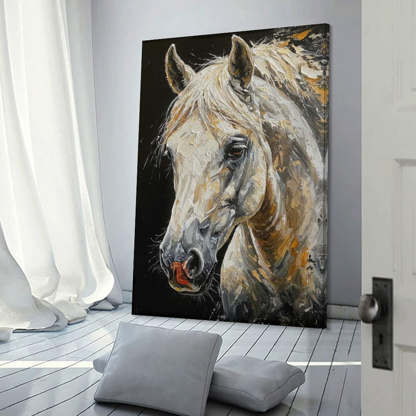 Junmoney Frame-Style-20 White Horse Portrait Canvas Wall Art 20X30inch(50X75cm), For Workspace Walls, Study Corners Or Bedrooms, Wall Art That Adds Style To Work Areas