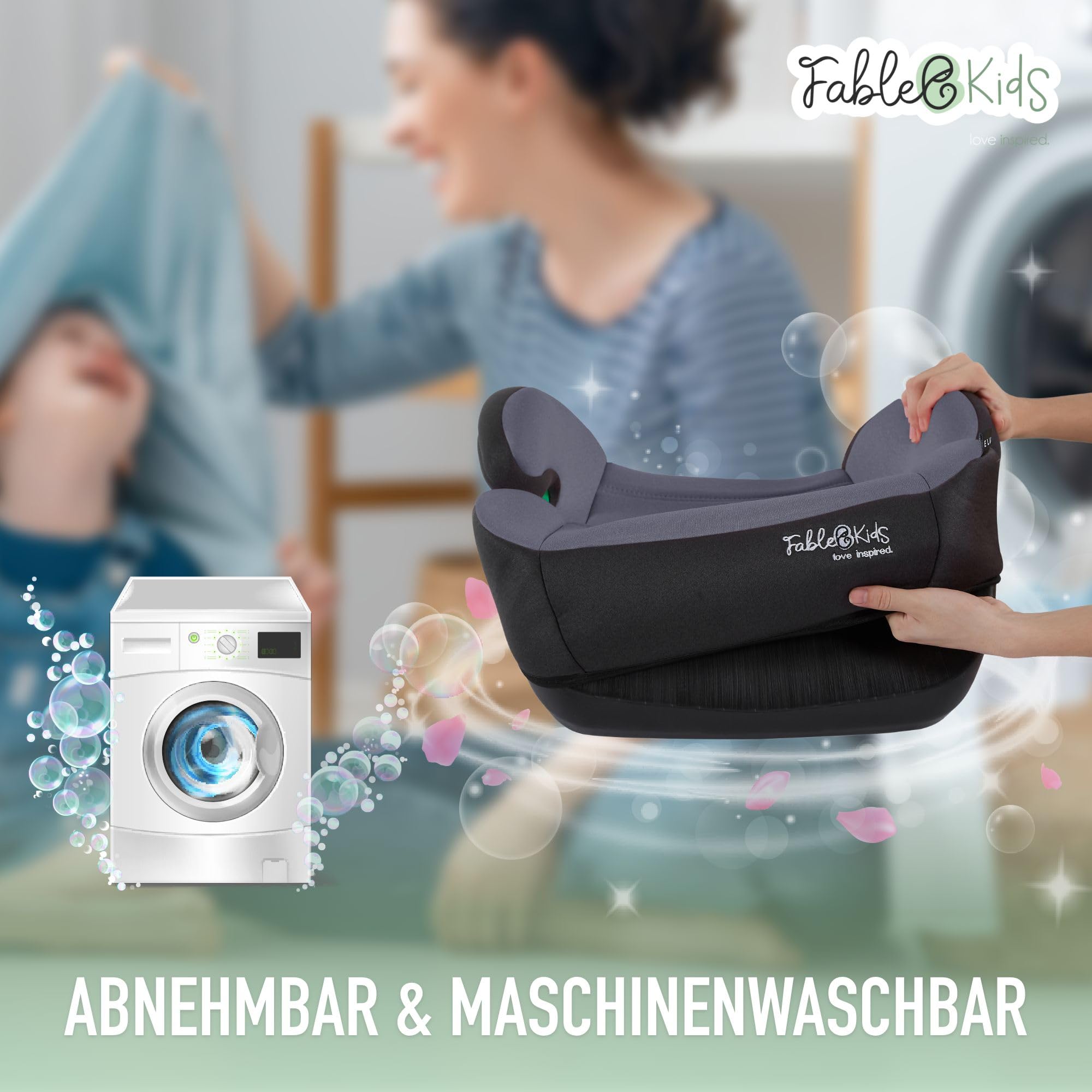 FableKids Sitzerhöhung Auto Kinder | 3-Punkt-Sicherheitsgurt | Kindersitzerhöhung bis 12 Jahre | Autositz für Kinder 125-150 cm | Kindersitzerhöhung ECE R129/03 | Grau